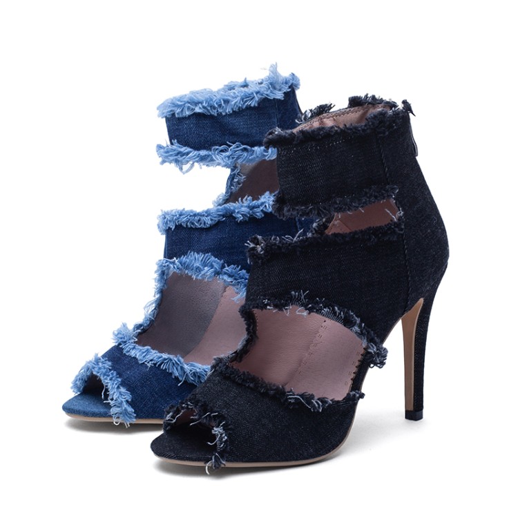 Denim Roman Peep Toe Mid Heel Sandal Boots - Image 2