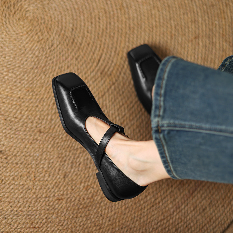 Korean Style Women's Flat Shoes Square Toe T-Strap Low Heel