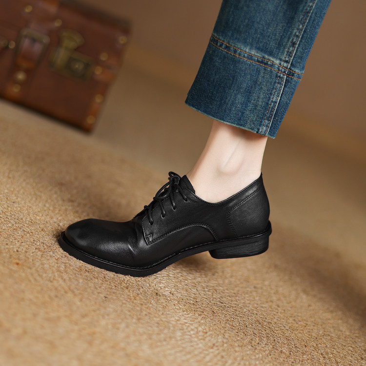 Women's Deep Mouth Flat Shoes Korean Style Soft Leather Lace-Up Round Toe