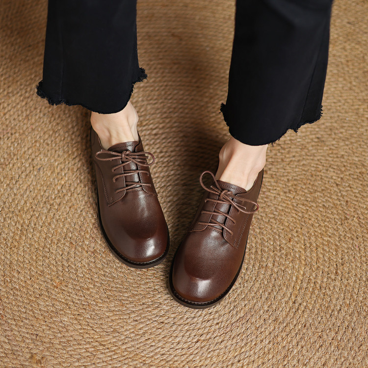 Women's Deep Mouth Flat Shoes Korean Style Soft Leather Lace-Up Round Toe - Image 2