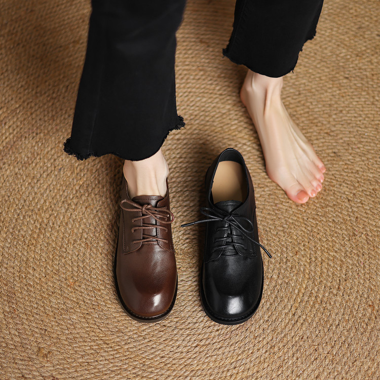 Women's Deep Mouth Flat Shoes Korean Style Soft Leather Lace-Up Round Toe - Image 3