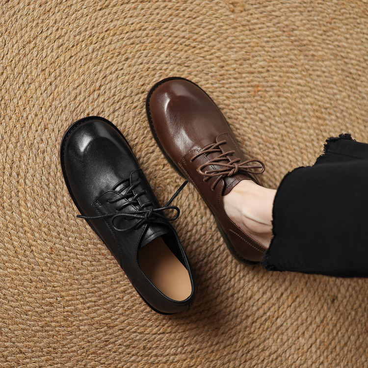Women's Deep Mouth Flat Shoes Korean Style Soft Leather Lace-Up Round Toe - Image 4