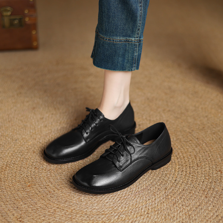 Women's Deep Mouth Flat Shoes Korean Style Soft Leather Lace-Up Round Toe - Image 5