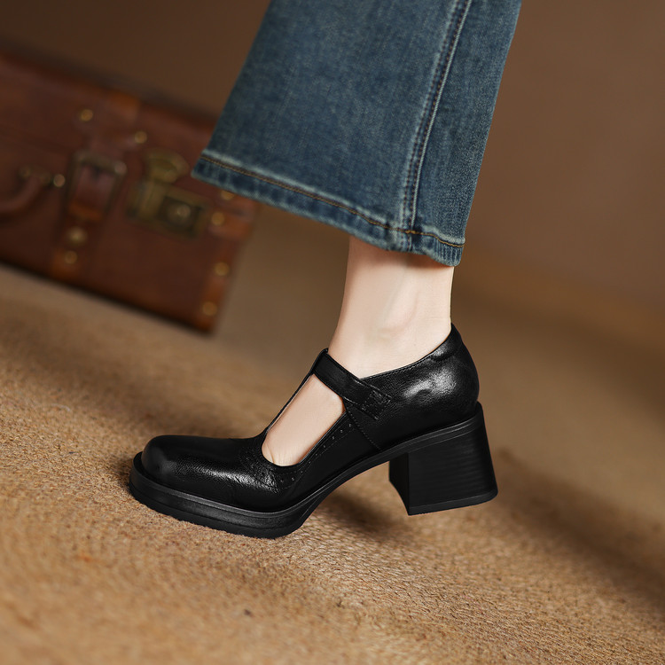 Women's High Heel T-Strap Single Shoes in Soft Sheepskin