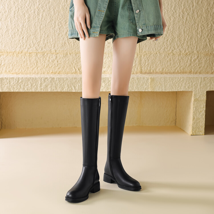 Women's High Shaft Round Toe Chunky Heel Fashion Boots with Side Zipper