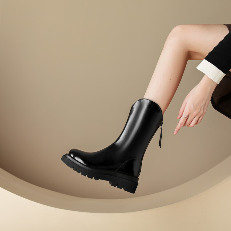 Women's Leather Ankle Boots - Round Toe, Back Zip, Mid Heel